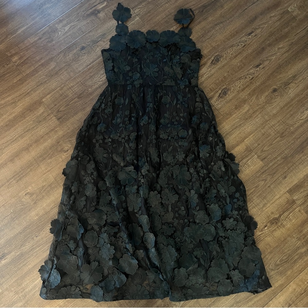 Dalia MacPhee Black 3D Floral Appliqué Overlay Party Dress XL - Picture 2 of 14